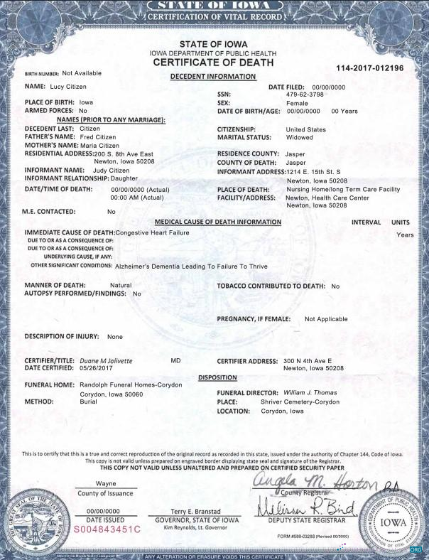 Редактируемый Скачать USA Iowa Государственный Death Certificate Шаблон в PSD Формат Photoshop Шаблон