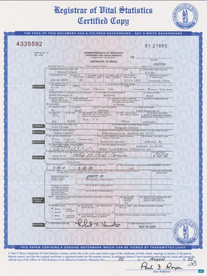 Редактируемый Скачать USA Kentucky Государственный Death Certificate Шаблон в PSD Формат Photoshop Шаблон