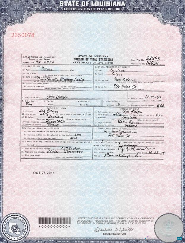 Профессиональный Скачать USA Louisiana Birth Cert Photoshop Шаблон