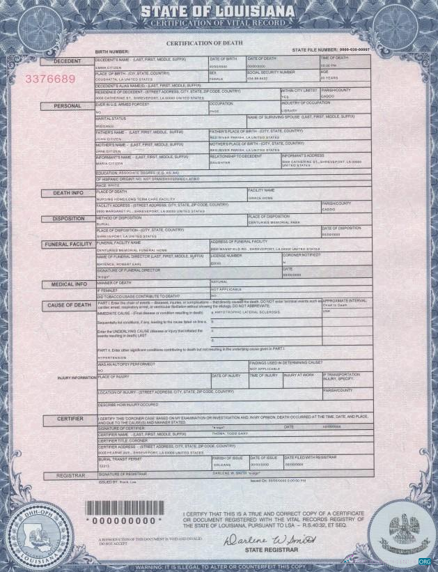 Реалистичный Скачать USA Louisiana Death Cert Photoshop Шаблон