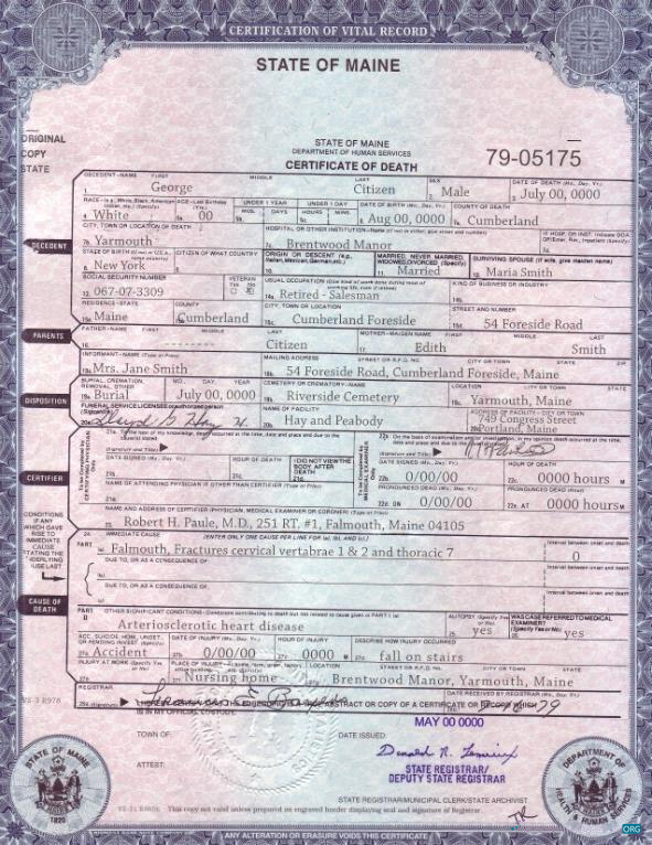 Реалистичный Скачать USA Maine Государственный Death Certificate Шаблон в PSD Формат Photoshop Шаблон