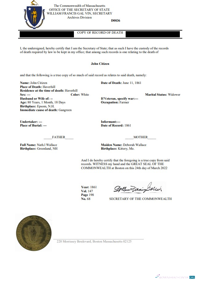 Реалистичный Скачать USA Massachussetts Death Certificate Photoshop Шаблон