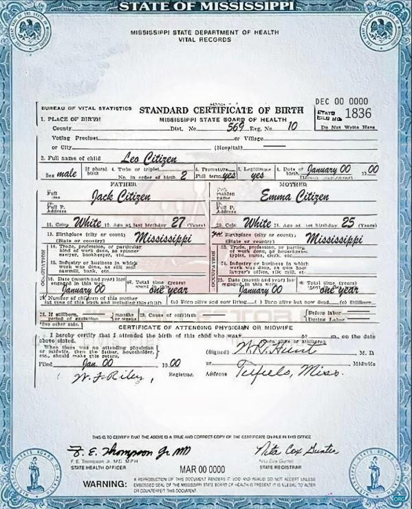 Реалистичный Скачать USA Mississippi Государственный Birth Certificate Шаблон в PSD Формат Photoshop Шаблон