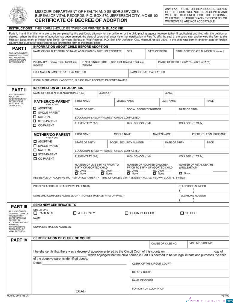 Реалистичный Скачать USA Missouri Департамент Health Adoption Certificate Photoshop Шаблон