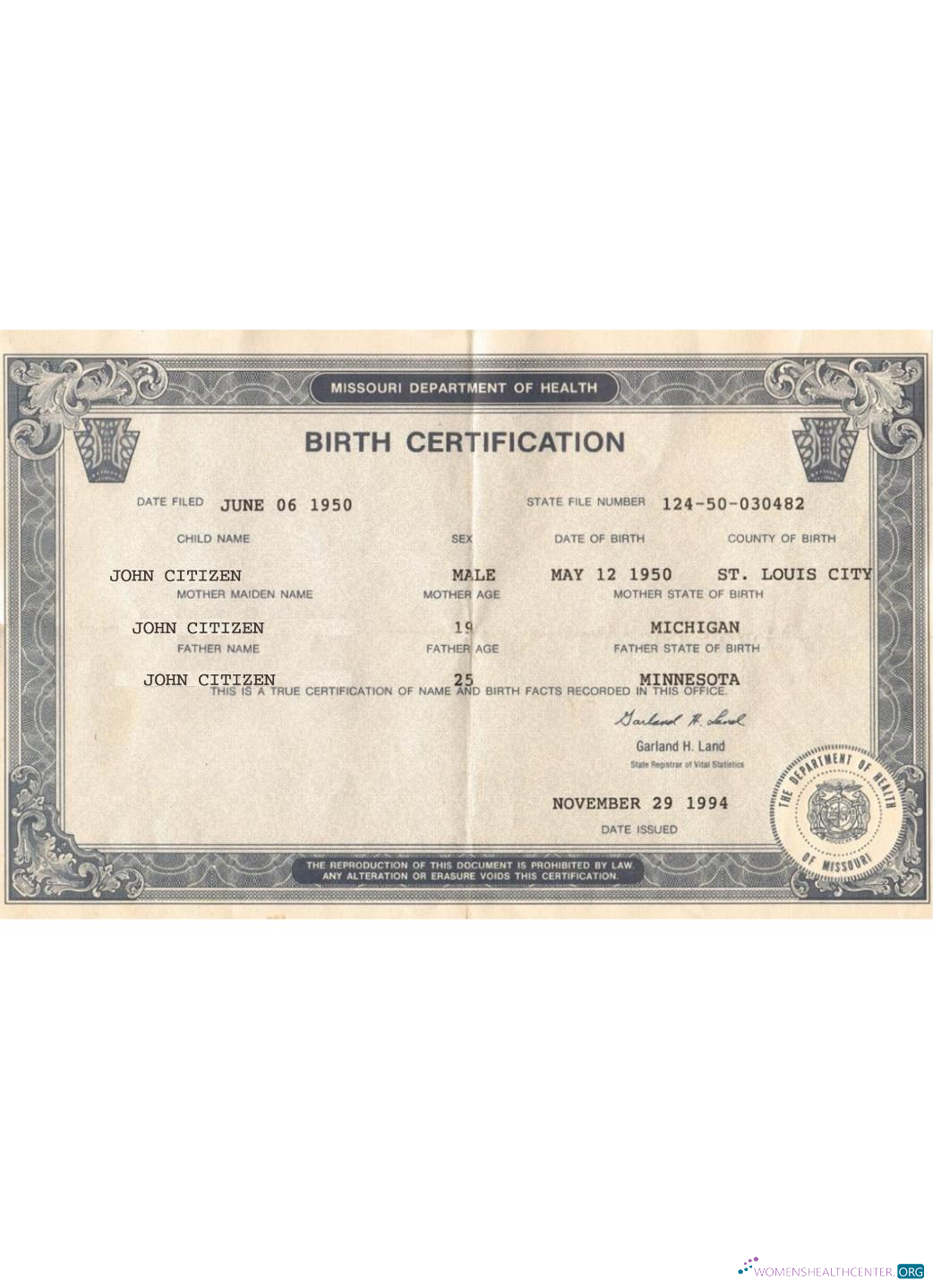 Реалистичный Скачать USA Missouri Birth Certification Photoshop Шаблон