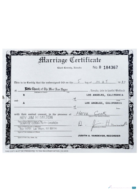 Редактируемый Скачать USA Nevada Certificate Marriage Photoshop Шаблон
