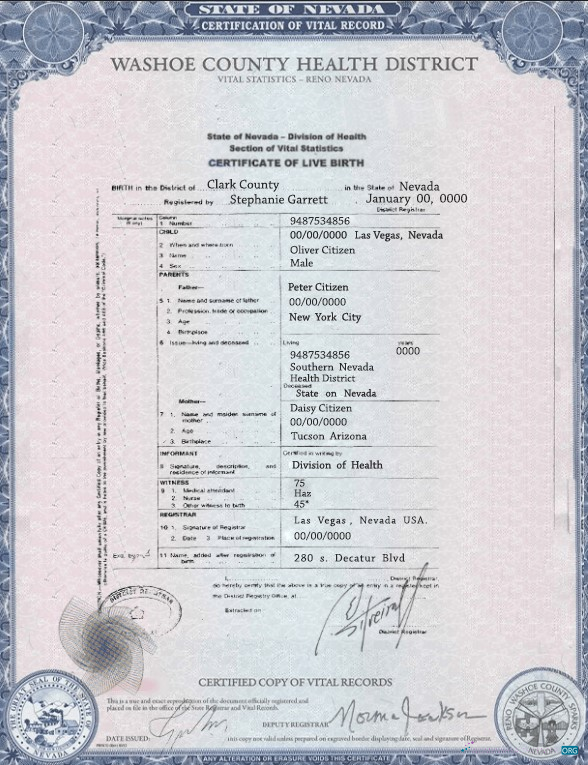Редактируемый Скачать USA Nevada Государственный Birth Certificate Шаблон в PSD Формат Photoshop Шаблон