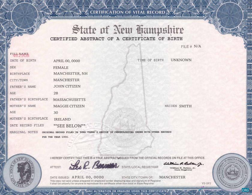 Качественный Скачать USA Новый Hampshire Birth Cert Photoshop Шаблон