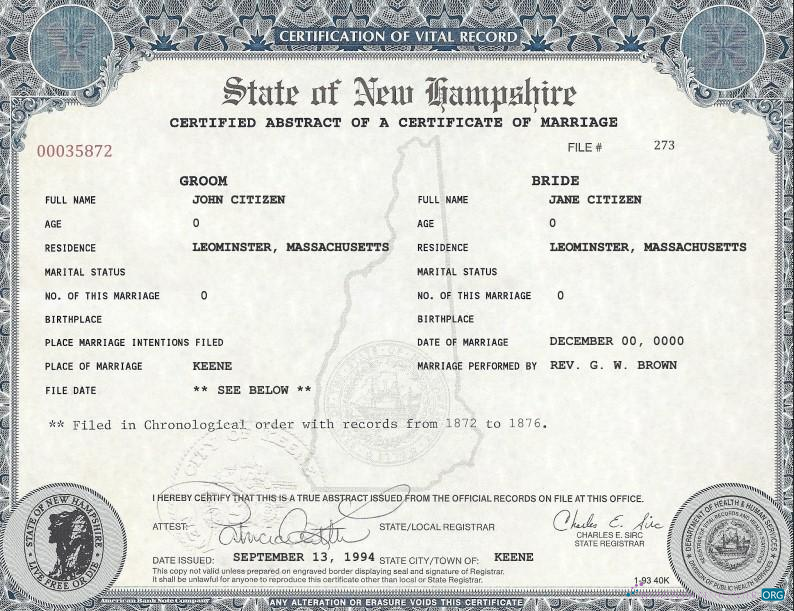 Реалистичный Скачать USA Новый Hampshire Marriage Cert Photoshop Шаблон