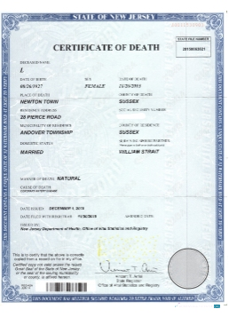 Редактируемый Скачать USA Новый Jersey Certificate Death Photoshop Шаблон