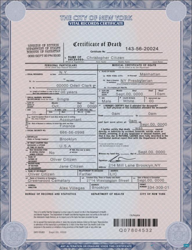 Реалистичный Скачать USA Новый York Государственный Death Certificate Шаблон в PSD Формат Photoshop Шаблон