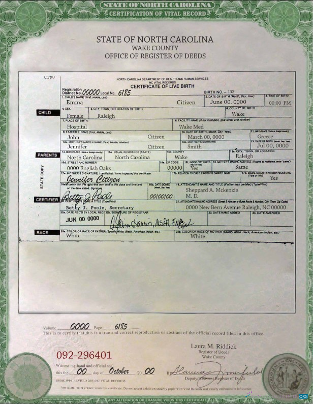 Редактируемый Скачать USA Северный Carolina Birth Cert Photoshop Шаблон
