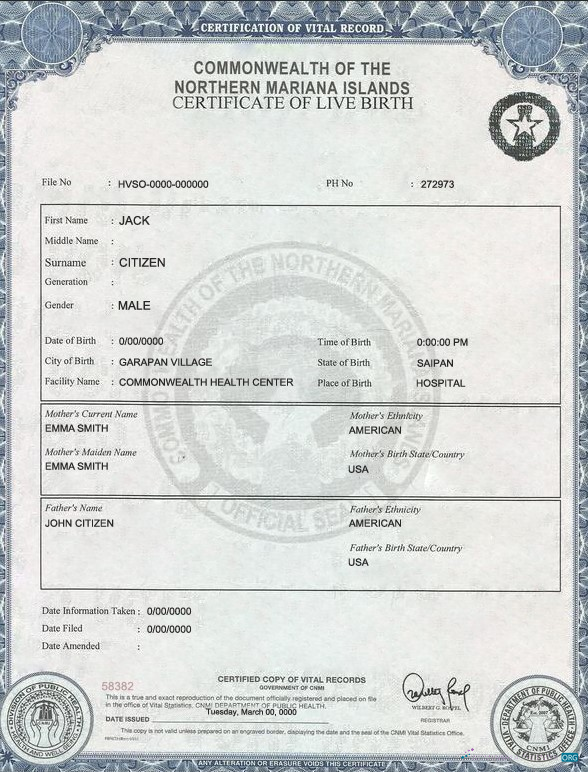 Качественный Скачать USA Northern Mariana Острова Birth Cert Photoshop Шаблон