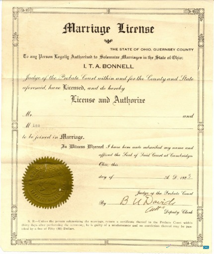 Качественный Скачать USA Ohio Guernsey Каунти Marriage Certificate Photoshop Шаблон
