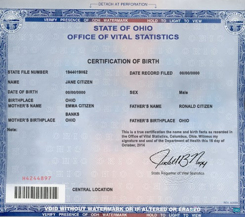 Реалистичный Скачать USA Ohio Государственный Birth Certificate Шаблон в PSD Формат Photoshop Шаблон