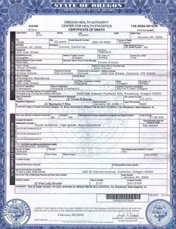 Профессиональный Скачать USA Oregon Death Cert Photoshop Шаблон