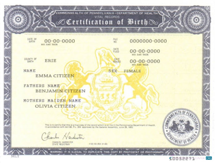 Премиум Скачать USA Pennsylvania Birth Cert Photoshop Шаблон