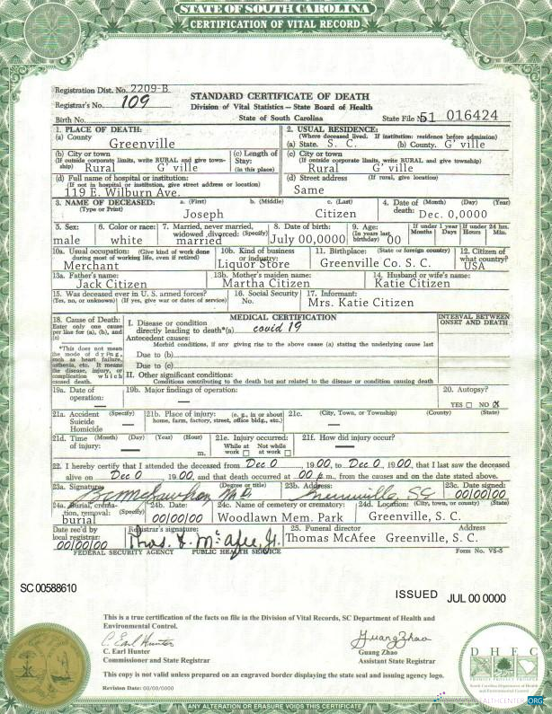 Качественный Скачать USA Южный Carolina Государственный Death Certificate Шаблон в PSD Формат Photoshop Шаблон