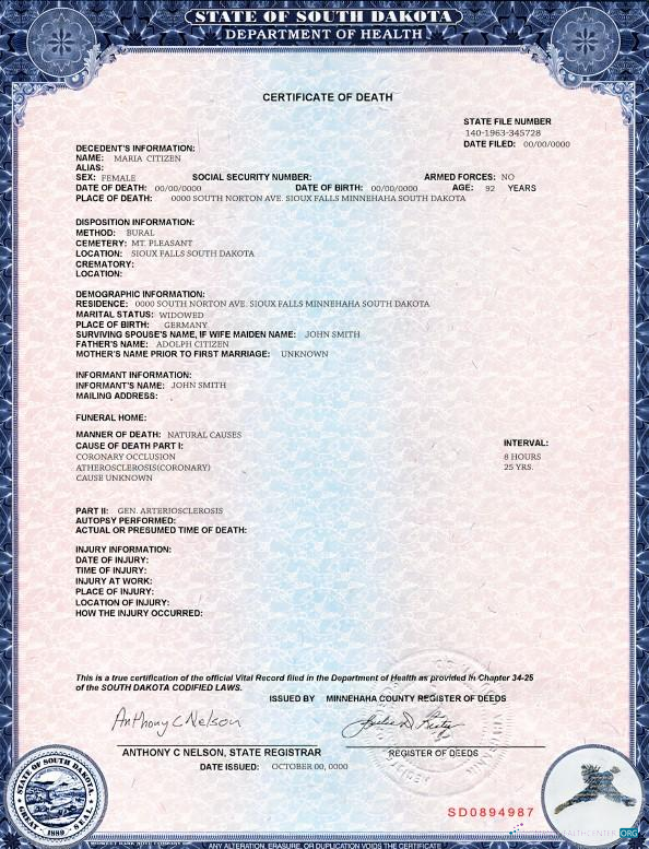 Редактируемый Скачать USA Южный Dakota Государственный Death Certificate Шаблон в PSD Формат Photoshop Шаблон