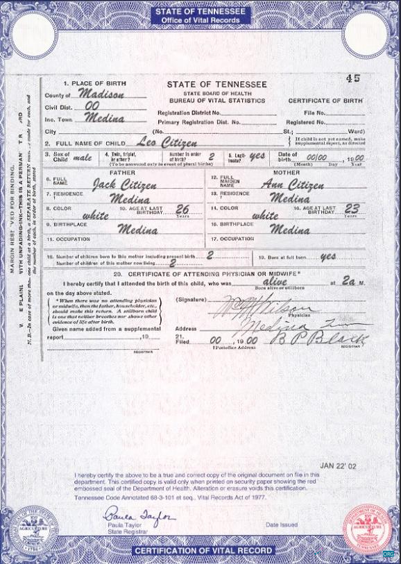 Качественный Скачать USA Tennessee Государственный Birth Certificate Шаблон в PSD Формат Photoshop Шаблон