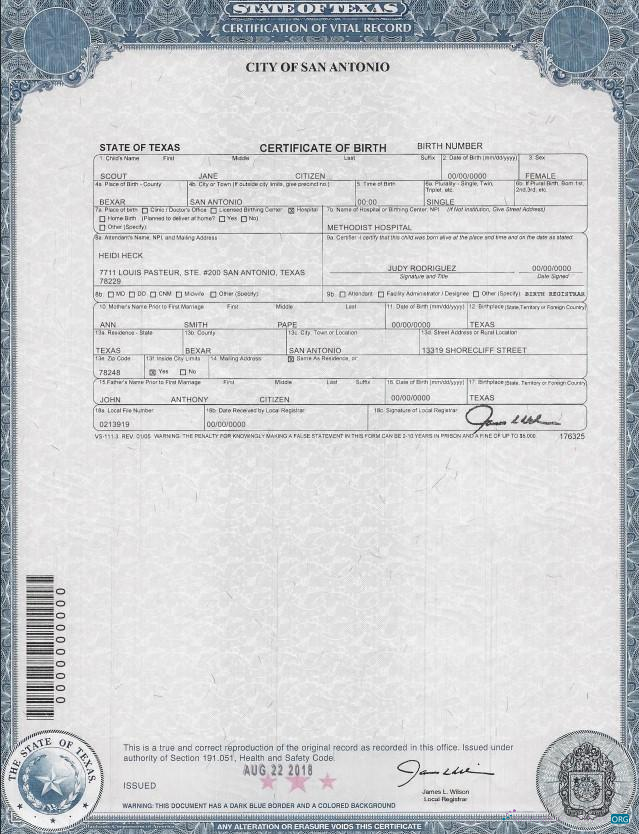 Качественный Скачать USA Texas Birth Certificate Photoshop Шаблон