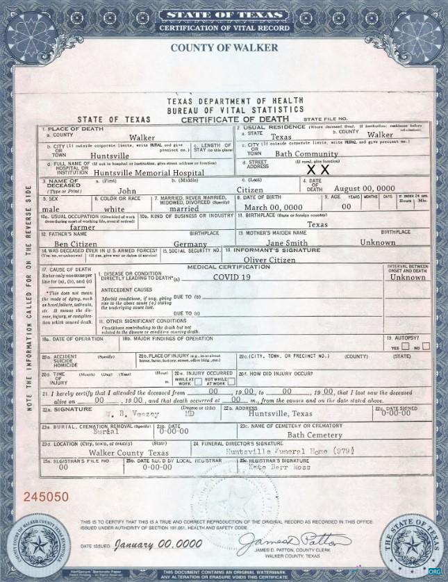 Реалистичный Скачать USA Texas Государственный Death Certificate Шаблон в PSD Формат Photoshop Шаблон