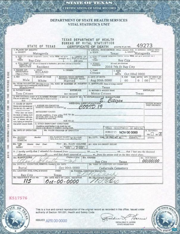 Профессиональный Скачать USA Texas Государственный Death Certificate Шаблон в PSD Формат, Fully Editable, Версия 2 Photoshop Шаблон