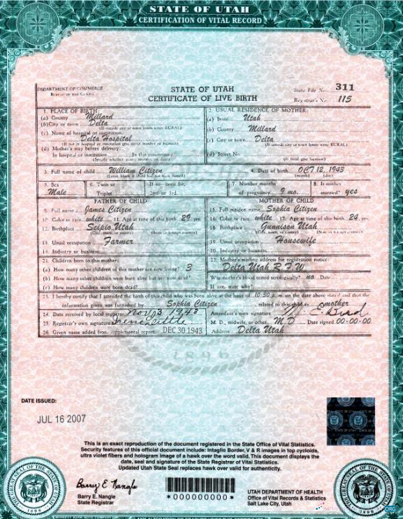 Качественный Скачать USA Utah Государственный Birth Certificate Шаблон в PSD Формат Photoshop Шаблон