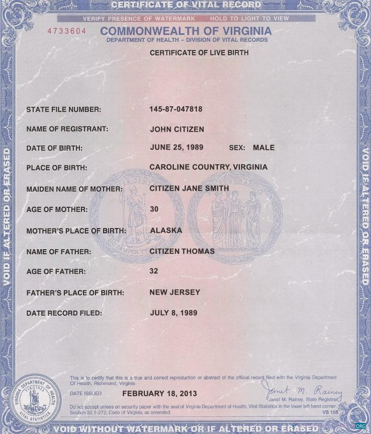 Премиум Скачать USA Virginia Birth Certificate Photoshop Шаблон