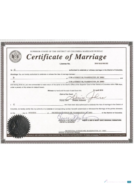 Реалистичный Скачать USA Washington Certificate Marriage Photoshop Шаблон
