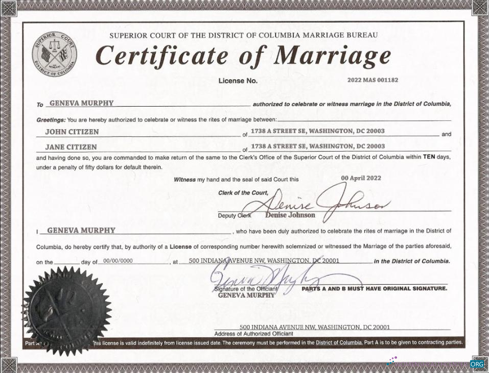 Качественный Скачать USA Washington Район Columbia Marriage Certificate Шаблон в PSD Формат Photoshop Шаблон