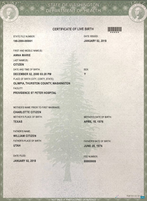 Качественный Скачать USA Washington Государственный Birth Certificate Шаблон в PSD Формат Photoshop Шаблон