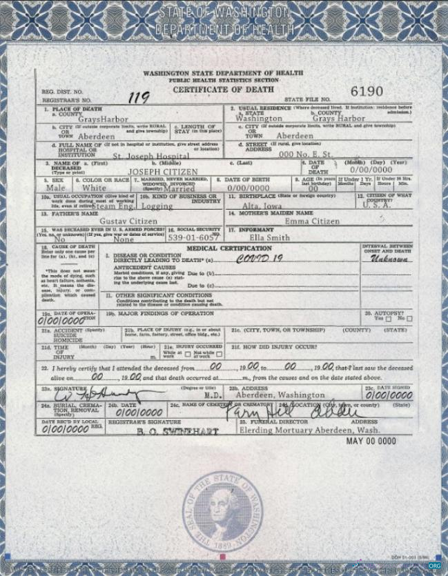 Премиум Скачать USA Washington Государственный Death Certificate Шаблон в PSD Формат Photoshop Шаблон