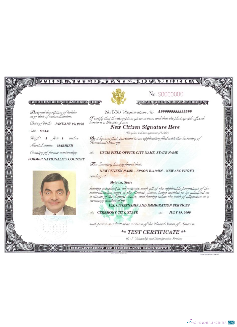 Редактируемый Скачать USA Certificate Naturalization Photoshop Шаблон