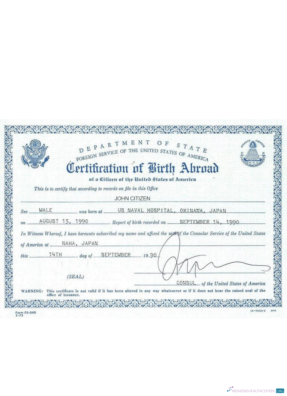 Редактируемый Скачать USA Certification Birth Abroad Photoshop Шаблон
