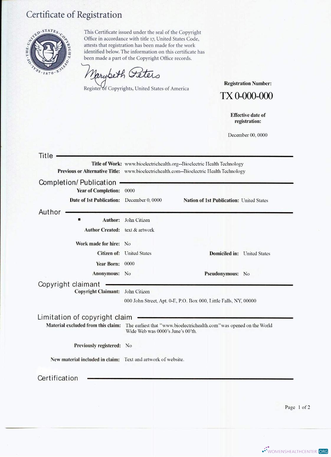 Профессиональный Скачать USA Copywrite Certificate Registration PSD Sample Photoshop Шаблон