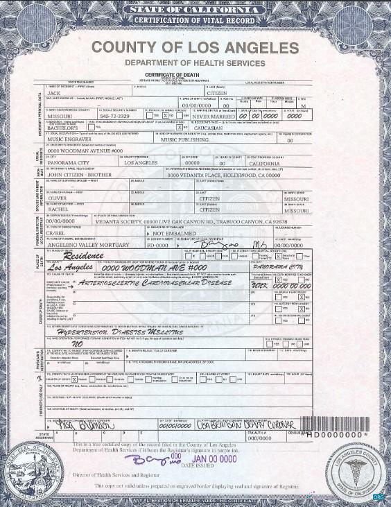 Профессиональный Скачать USA Каунти Los Angeles Death Certificate Шаблон в PSD Формат Photoshop Шаблон