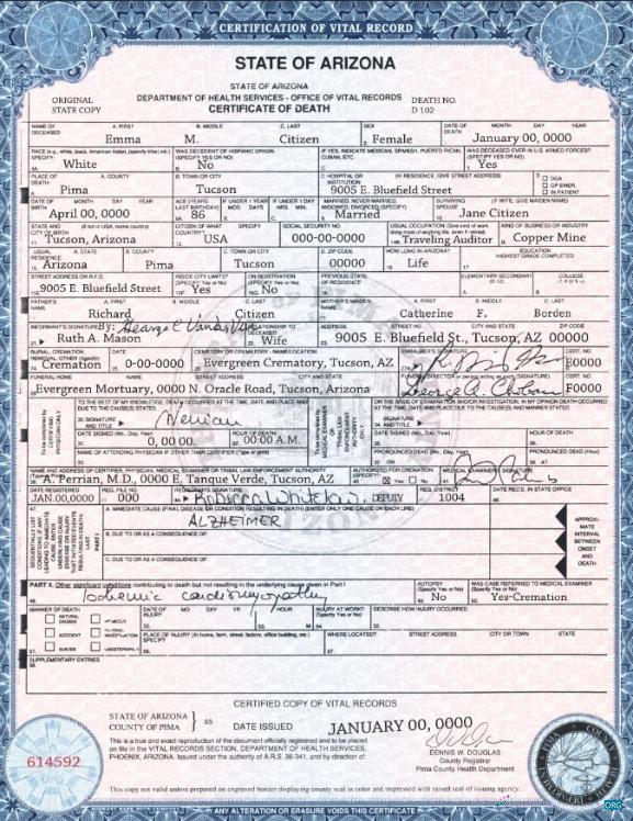 Реалистичный Скачать USA Государственный Arizona Death Certificate Шаблон в PSD Формат Photoshop Шаблон