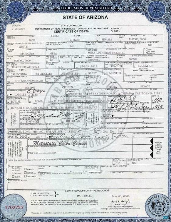Качественный Скачать USA Государственный Arizona Death Certificate Шаблон в PSD Формат, Версия 2 Photoshop Шаблон