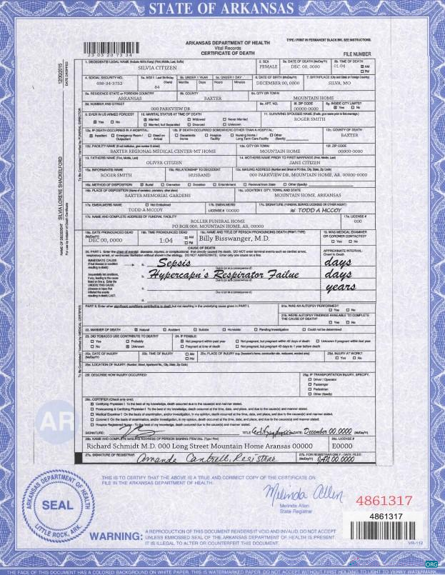 Профессиональный Скачать USA Государственный Arkansas Death Certificate Шаблон в PSD Формат Photoshop Шаблон