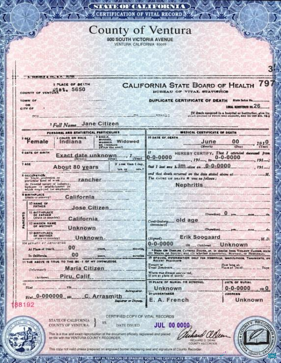 Качественный Скачать USA Государственный California Каунти Ventura Death Certificate Шаблон в PSD Формат Photoshop Шаблон