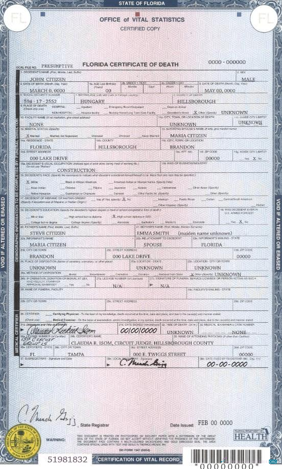 Профессиональный Скачать USA Государственный Florida Death Certificate Шаблон в PSD Формат Photoshop Шаблон