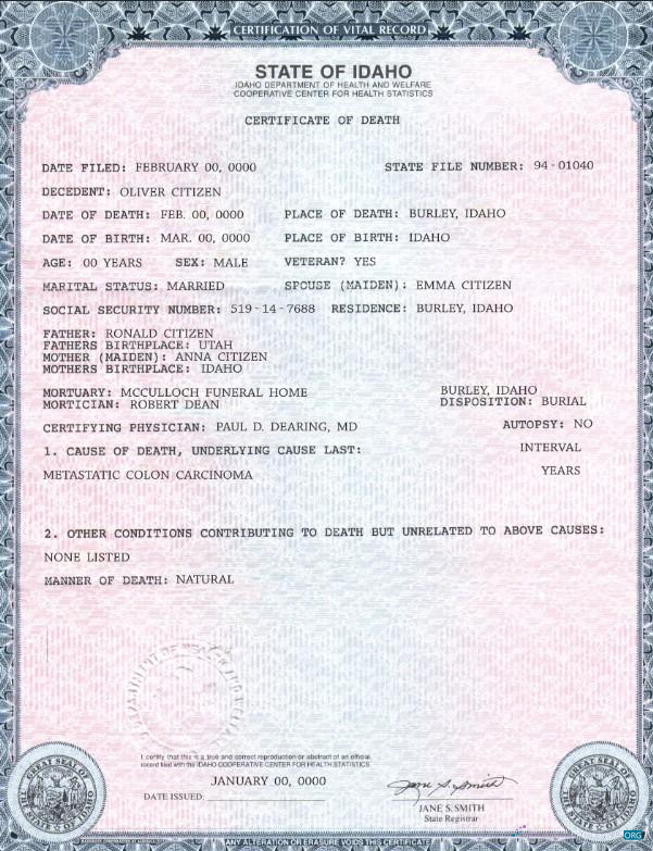 Премиум Скачать USA Государственный Idaho Death Certificate Шаблон в PSD Формат Photoshop Шаблон