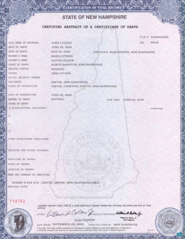 Качественный Скачать USA Государственный Новый Hampshire Death Certificate Шаблон в PSD Формат Photoshop Шаблон