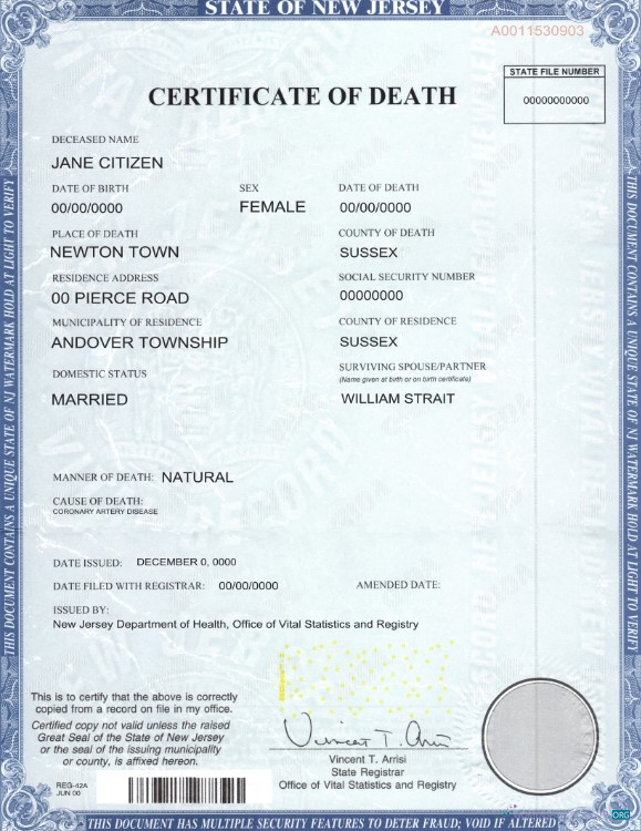Реалистичный Скачать USA Государственный Новый Jersey Death Certificate Шаблон в PSD Формат Photoshop Шаблон