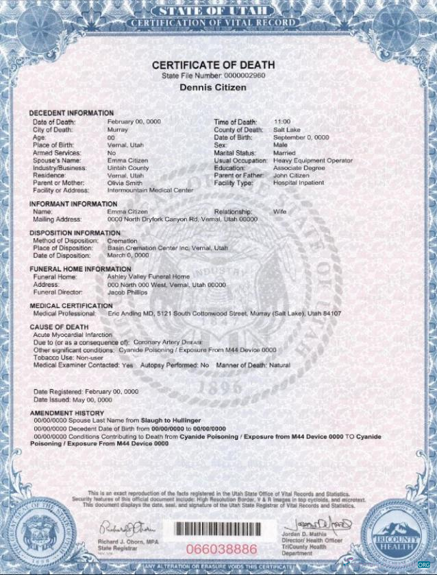 Качественный Скачать USA Государственный Utah Death Certificate Шаблон в PSD Формат Photoshop Шаблон