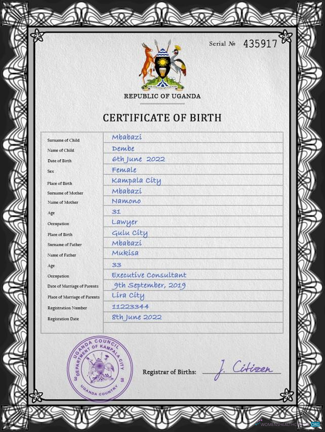 Редактируемый Скачать Уганда Birth Certificate PSD Шаблон Photoshop Шаблон