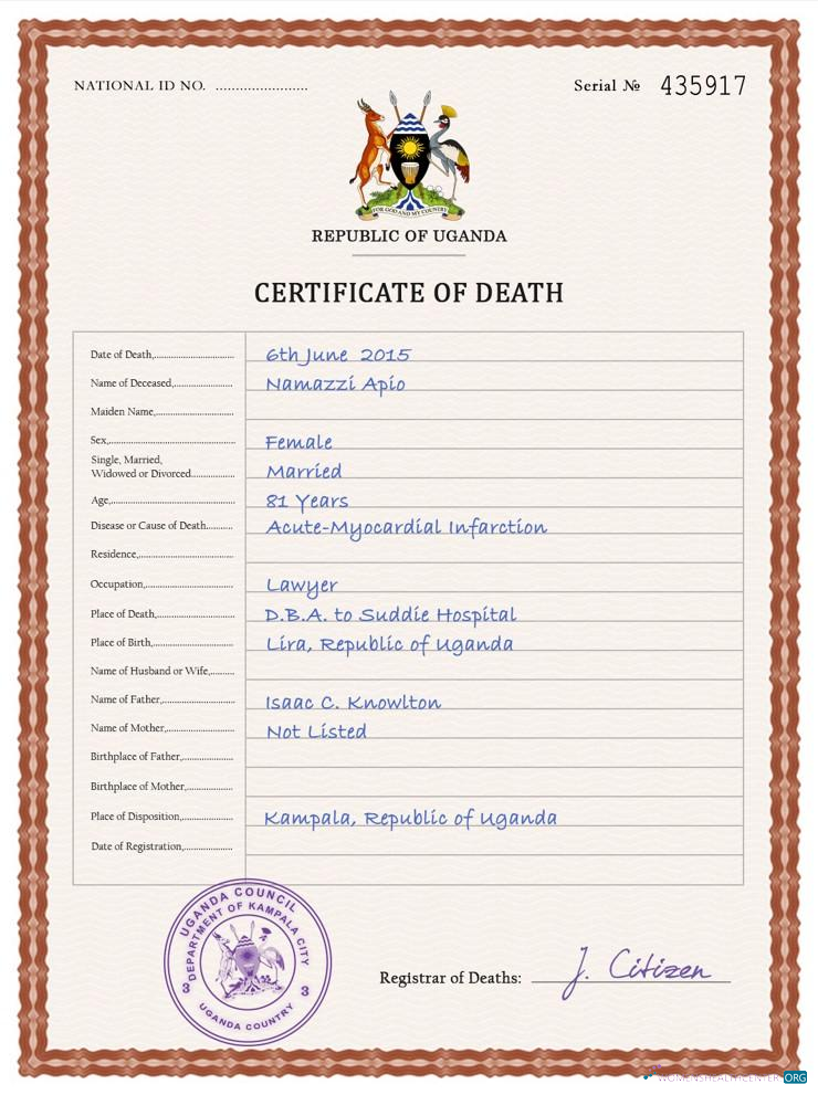 Редактируемый Скачать Уганда Vital Record Death Certificate PSD Шаблон Photoshop Шаблон