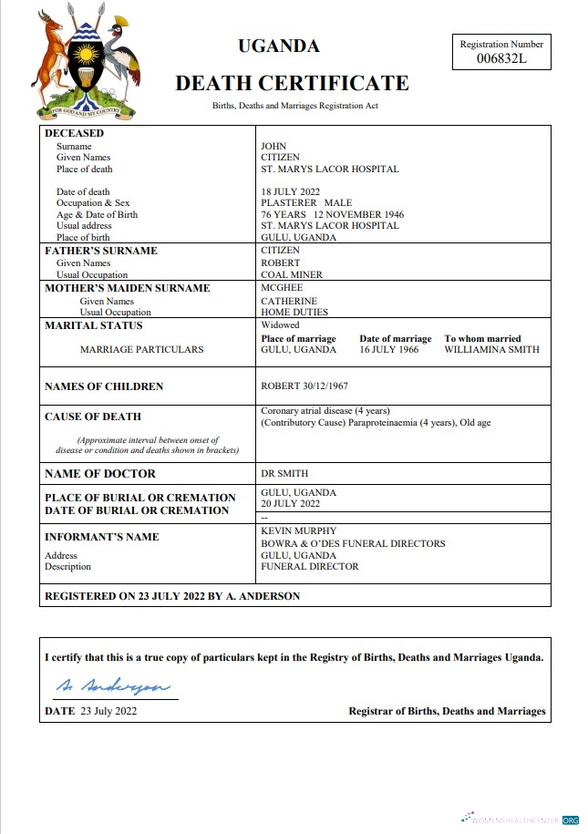 Премиум Скачать Уганда Vital Record Death Certificate Word и PDF Шаблон Photoshop Шаблон