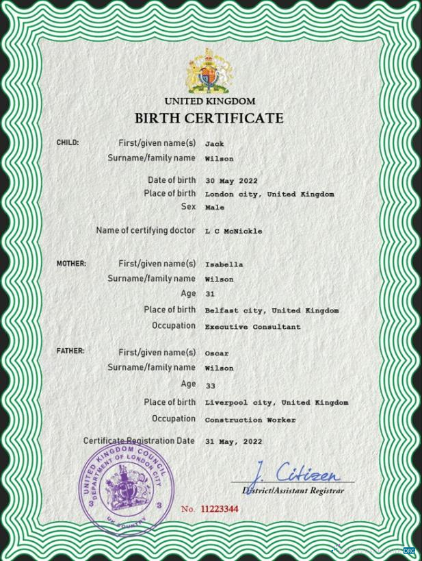 Премиум Скачать Великобритания Birth Certificate PSD Шаблон Photoshop Шаблон